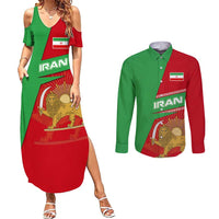 Iran National Heritage Couples Matching Summer Maxi Dress and Long Sleeve Button Shirt with Lion and Sun Emblem and Royal Coat of Arms