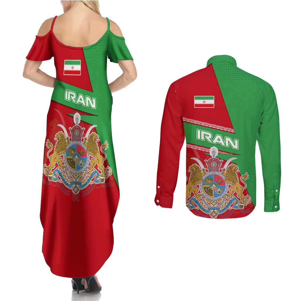 Iran National Heritage Couples Matching Summer Maxi Dress and Long Sleeve Button Shirt with Lion and Sun Emblem and Royal Coat of Arms