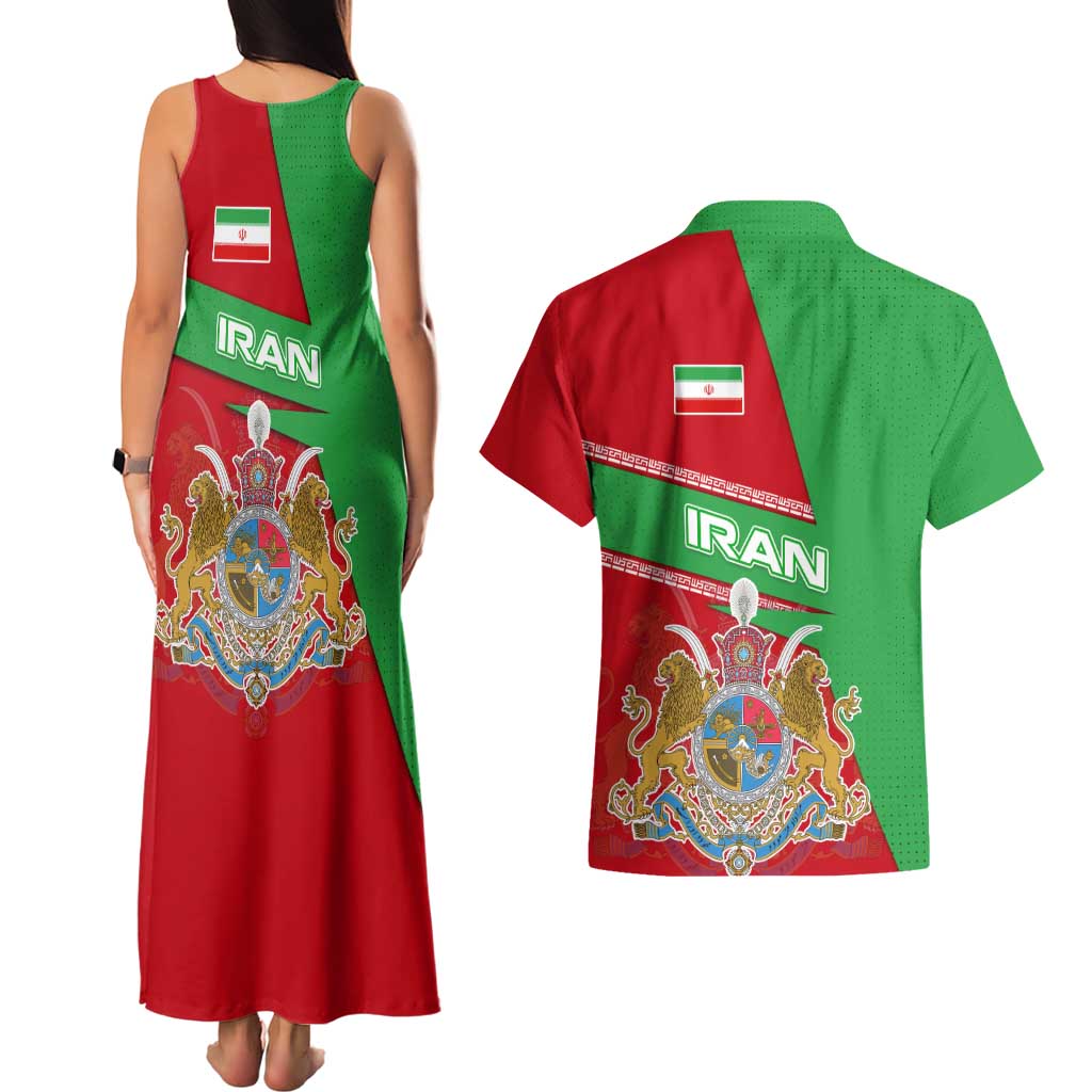 Iran National Heritage Couples Matching Tank Maxi Dress and Hawaiian Shirt with Lion and Sun Emblem and Royal Coat of Arms