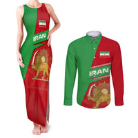 Iran National Heritage Couples Matching Tank Maxi Dress and Long Sleeve Button Shirt with Lion and Sun Emblem and Royal Coat of Arms