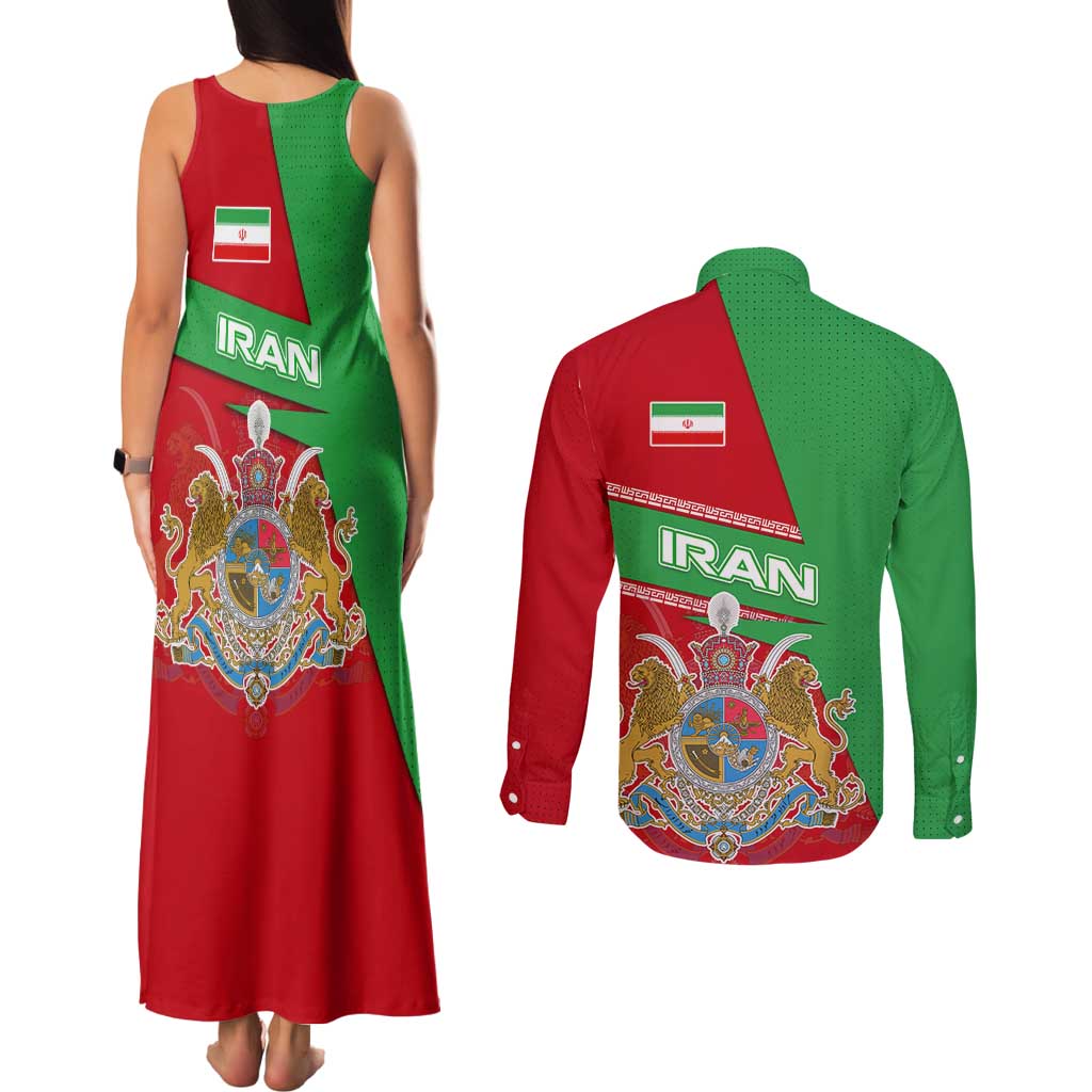 Iran National Heritage Couples Matching Tank Maxi Dress and Long Sleeve Button Shirt with Lion and Sun Emblem and Royal Coat of Arms