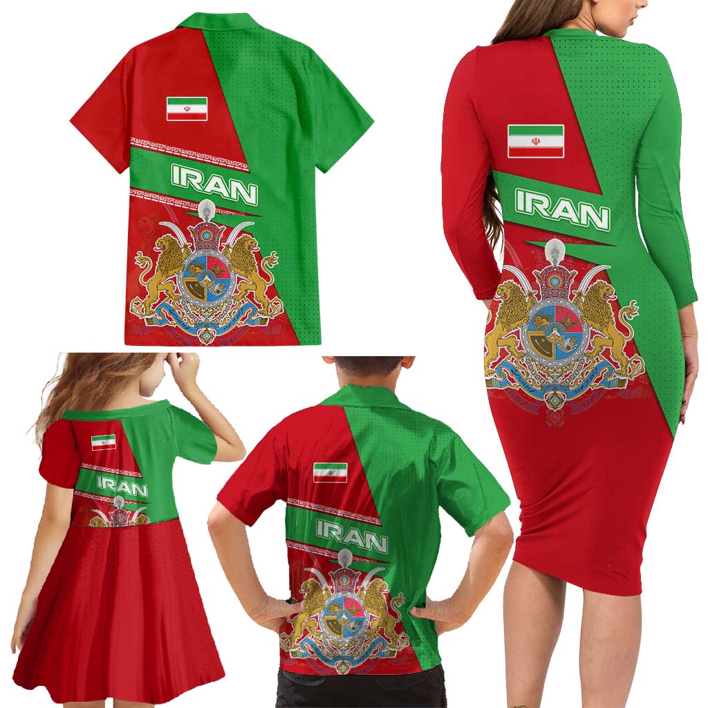 Iran National Heritage Family Matching Long Sleeve Bodycon Dress and Hawaiian Shirt with Lion and Sun Emblem and Royal Coat of Arms