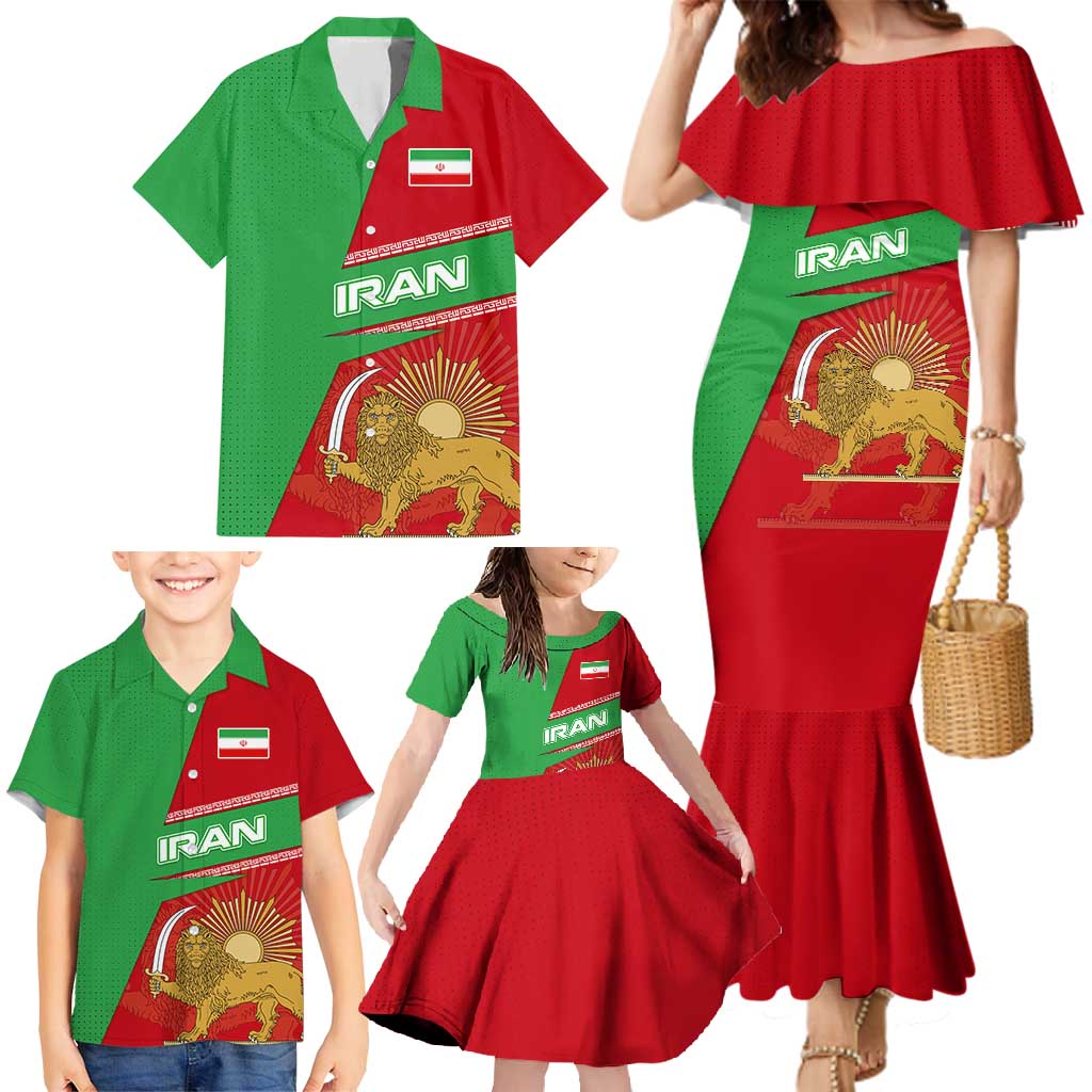 Iran National Heritage Family Matching Mermaid Dress and Hawaiian Shirt with Lion and Sun Emblem and Royal Coat of Arms