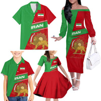 Iran National Heritage Family Matching Off The Shoulder Long Sleeve Dress and Hawaiian Shirt with Lion and Sun Emblem and Royal Coat of Arms