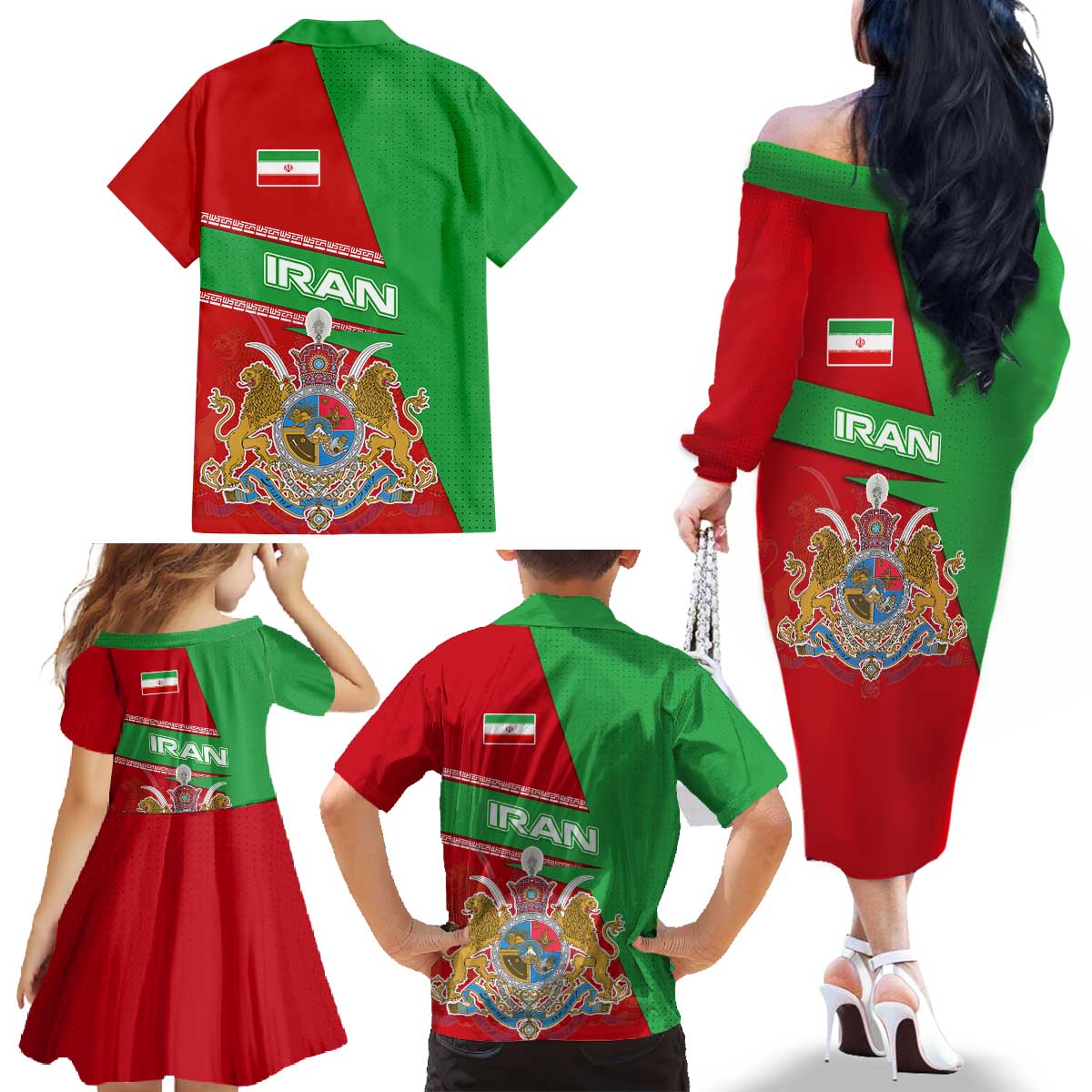 Iran National Heritage Family Matching Off The Shoulder Long Sleeve Dress and Hawaiian Shirt with Lion and Sun Emblem and Royal Coat of Arms