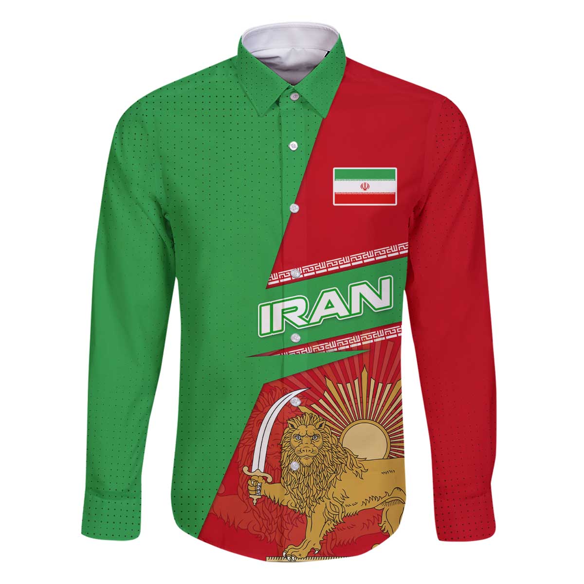 Iran National Heritage Family Matching Off The Shoulder Long Sleeve Dress and Hawaiian Shirt with Lion and Sun Emblem and Royal Coat of Arms