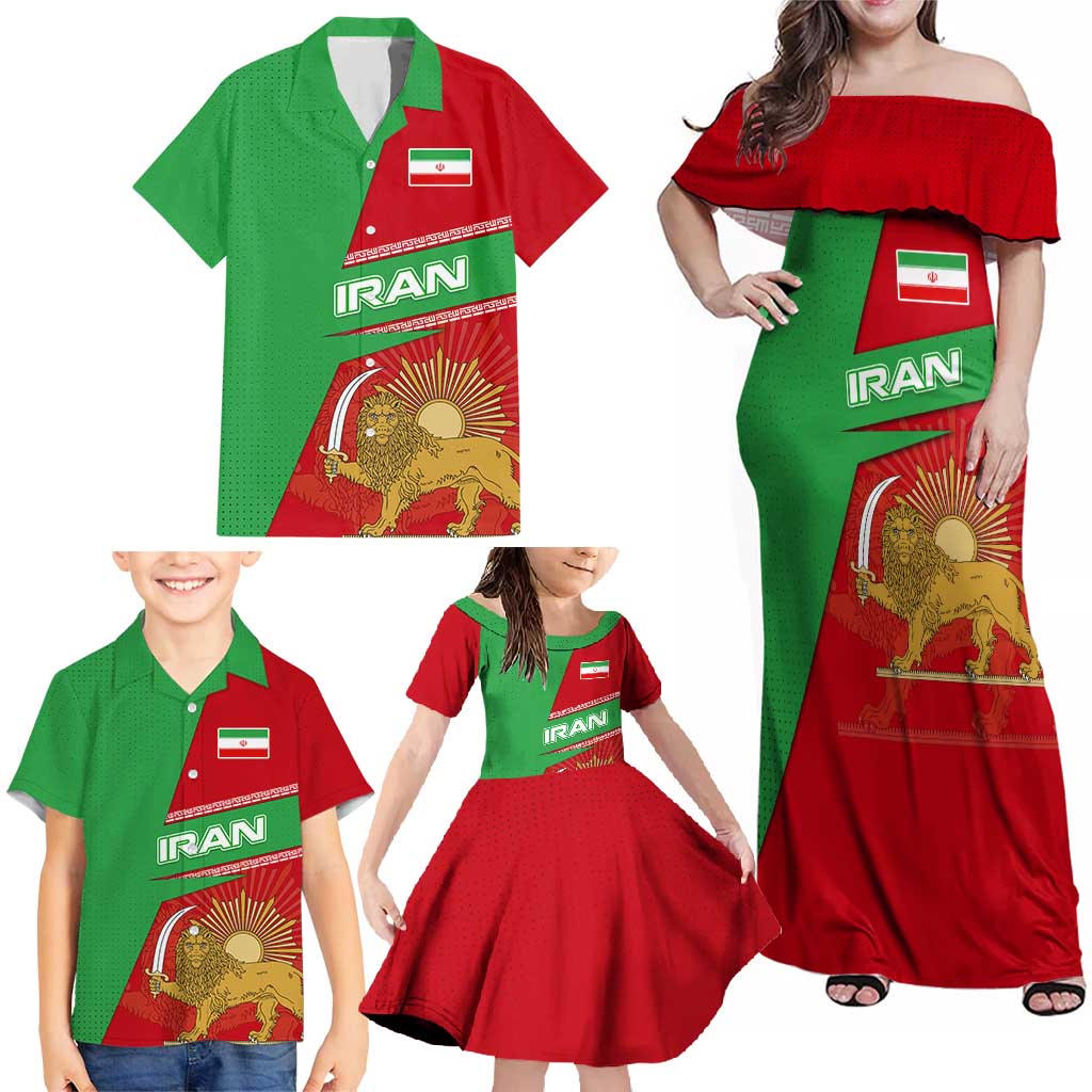 Iran National Heritage Family Matching Off Shoulder Maxi Dress and Hawaiian Shirt with Lion and Sun Emblem and Royal Coat of Arms