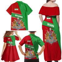 Iran National Heritage Family Matching Off Shoulder Maxi Dress and Hawaiian Shirt with Lion and Sun Emblem and Royal Coat of Arms