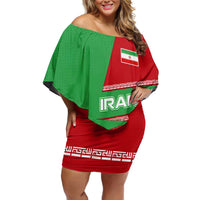 Iran National Heritage Family Matching Off Shoulder Short Dress and Hawaiian Shirt with Lion and Sun Emblem and Royal Coat of Arms