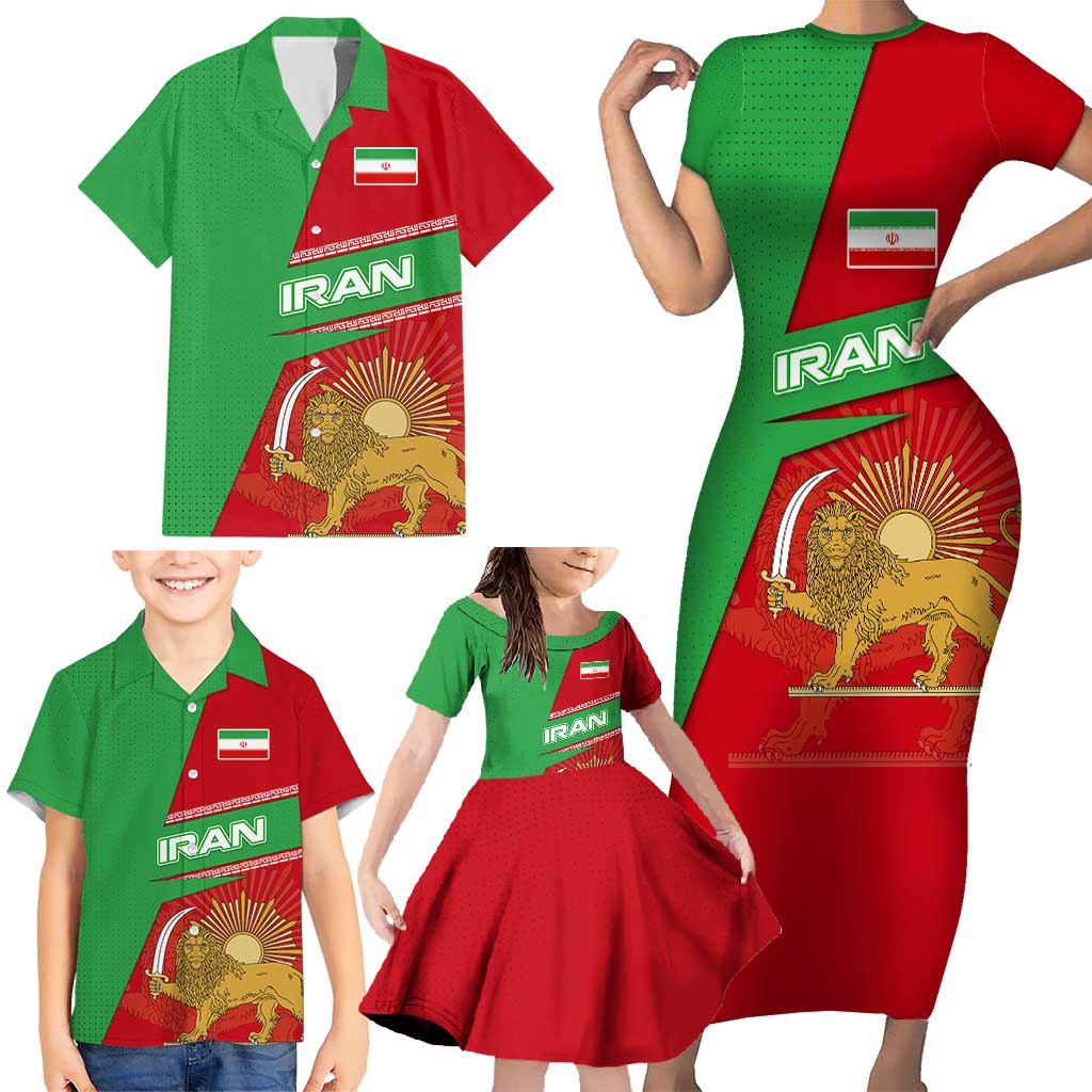 Iran National Heritage Family Matching Short Sleeve Bodycon Dress and Hawaiian Shirt with Lion and Sun Emblem and Royal Coat of Arms