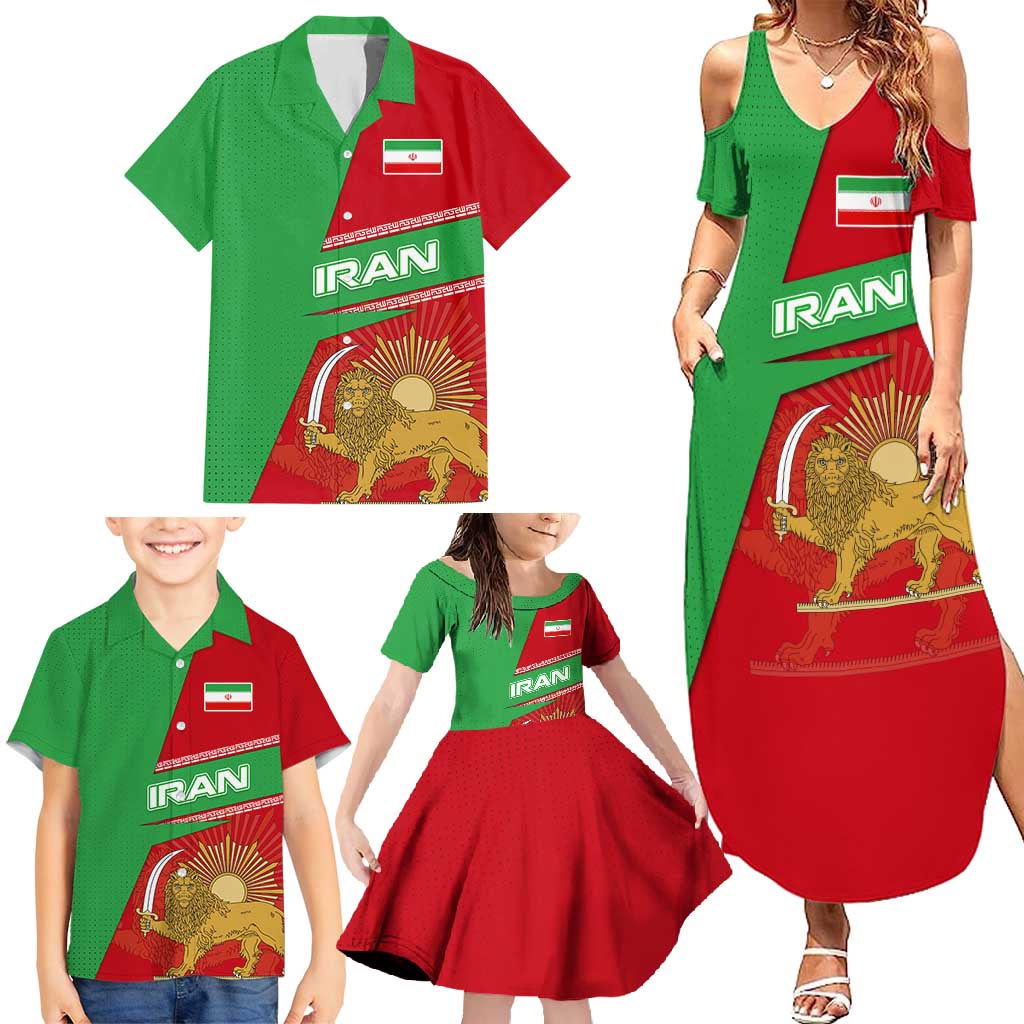 Iran National Heritage Family Matching Summer Maxi Dress and Hawaiian Shirt with Lion and Sun Emblem and Royal Coat of Arms