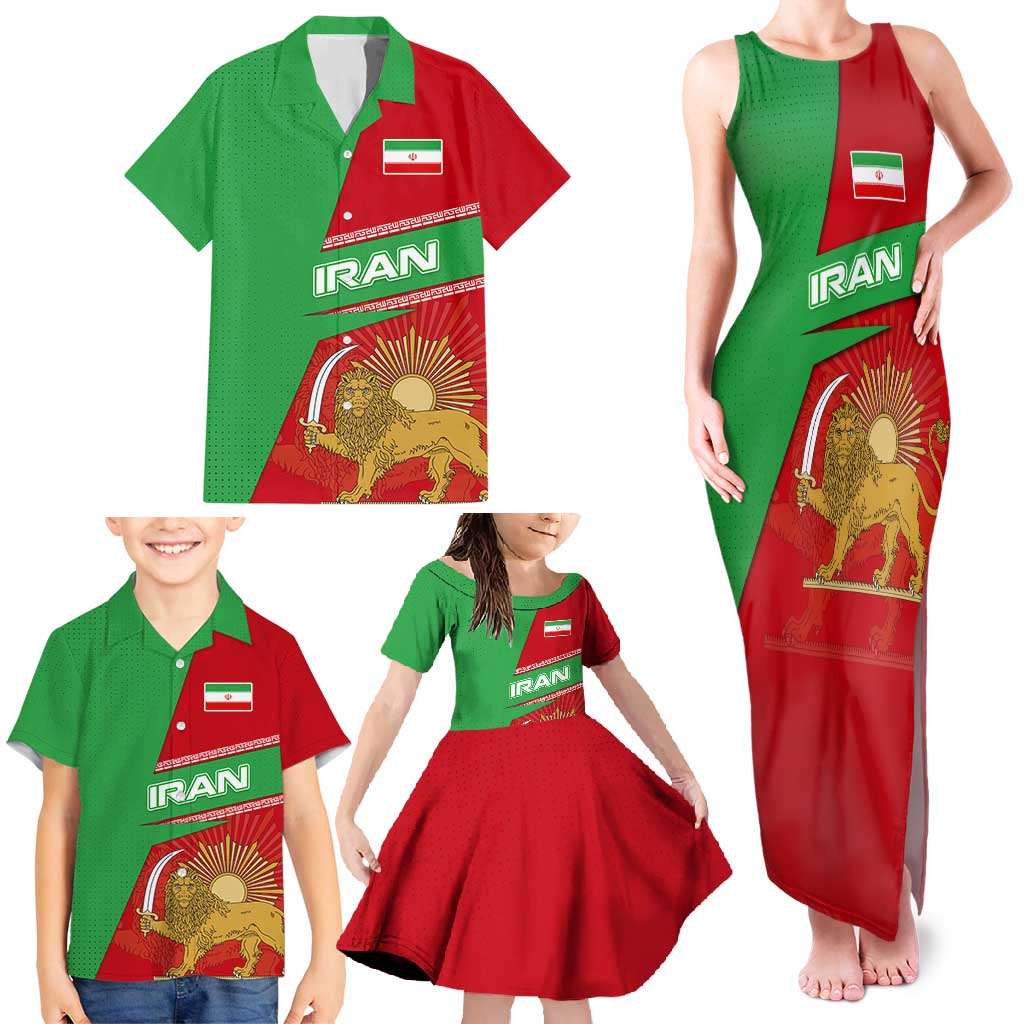 Iran National Heritage Family Matching Tank Maxi Dress and Hawaiian Shirt with Lion and Sun Emblem and Royal Coat of Arms