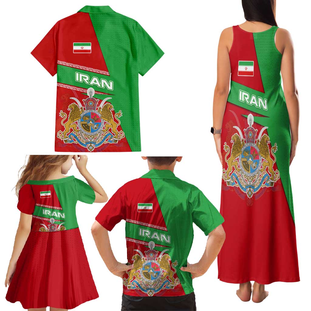 Iran National Heritage Family Matching Tank Maxi Dress and Hawaiian Shirt with Lion and Sun Emblem and Royal Coat of Arms