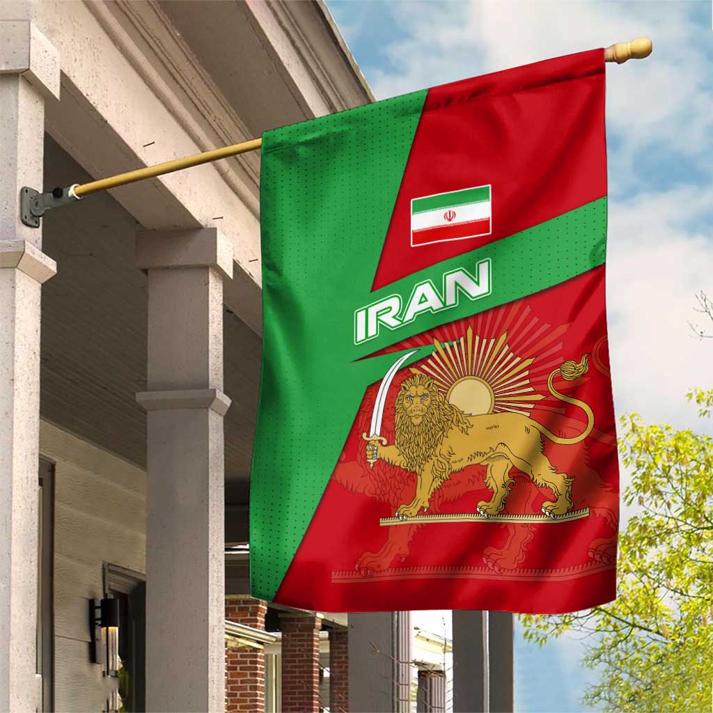 Iran National Heritage Garden Flag with Lion and Sun Emblem and Royal Coat of Arms