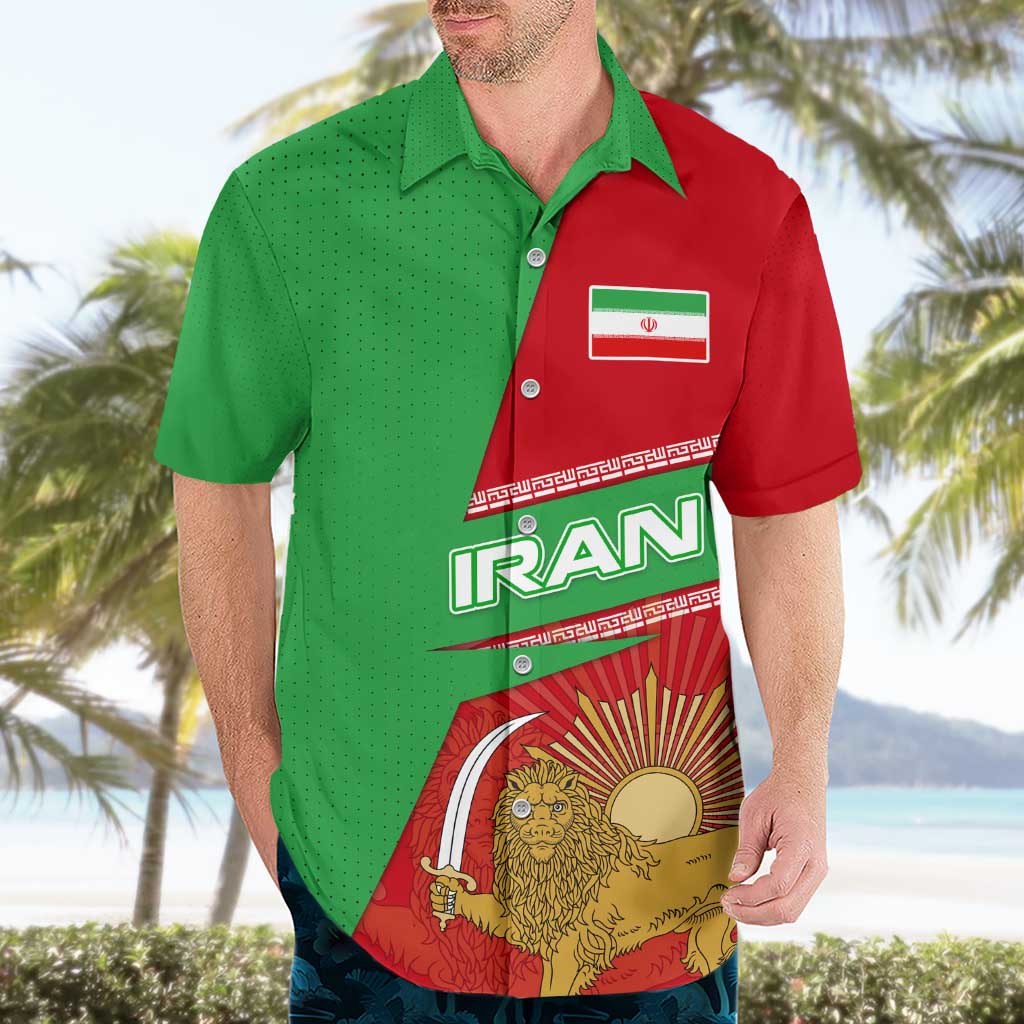 Iran National Heritage Hawaiian Shirt with Lion and Sun Emblem and Royal Coat of Arms