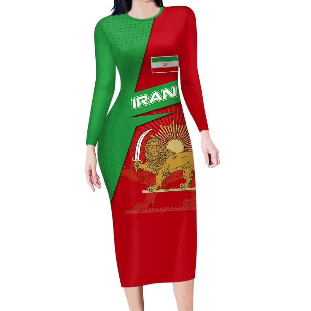 Iran National Heritage Long Sleeve Bodycon Dress with Lion and Sun Emblem and Royal Coat of Arms