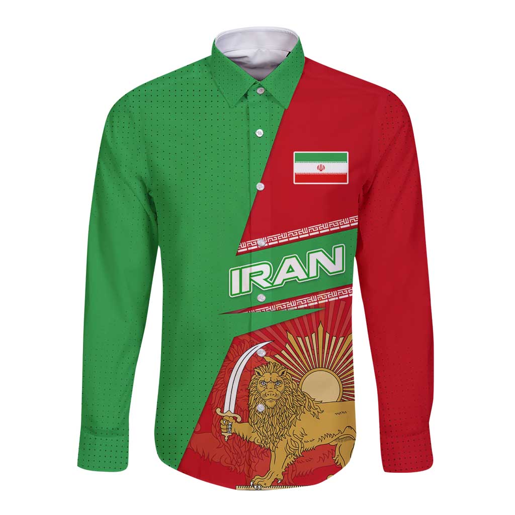 Iran National Heritage Long Sleeve Button Shirt with Lion and Sun Emblem and Royal Coat of Arms