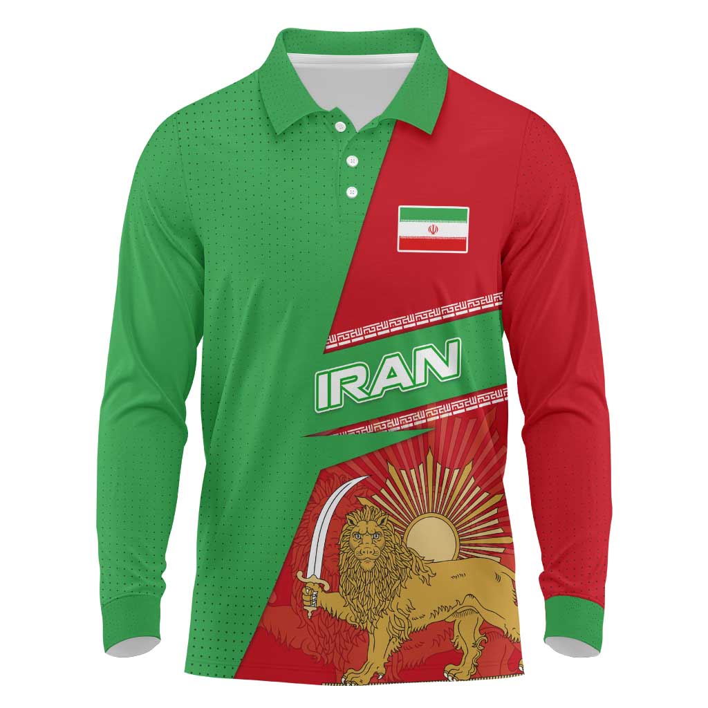 Iran National Heritage Long Sleeve Polo Shirt with Lion and Sun Emblem and Royal Coat of Arms