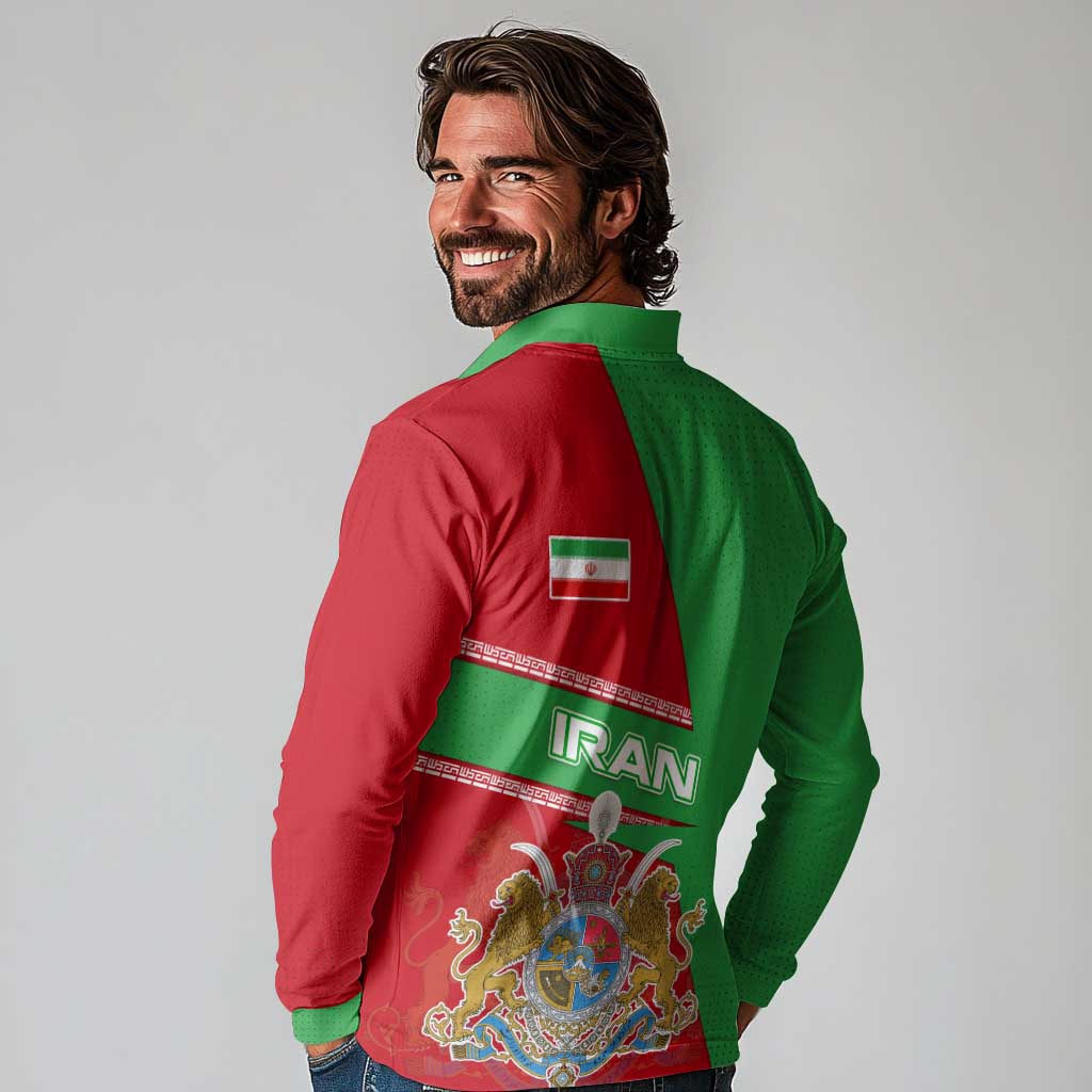 Iran National Heritage Long Sleeve Polo Shirt with Lion and Sun Emblem and Royal Coat of Arms