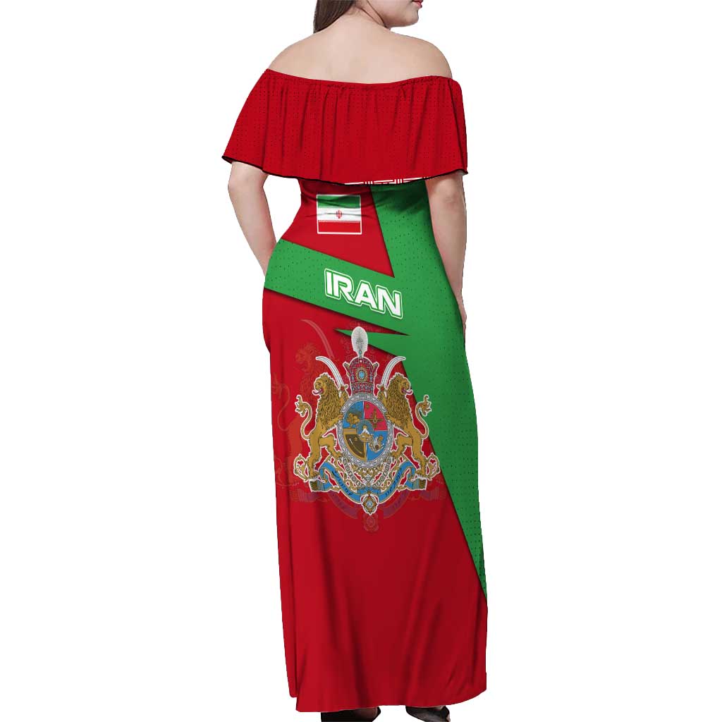 Iran National Heritage Off Shoulder Maxi Dress with Lion and Sun Emblem and Royal Coat of Arms