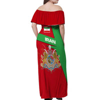 Iran National Heritage Off Shoulder Maxi Dress with Lion and Sun Emblem and Royal Coat of Arms