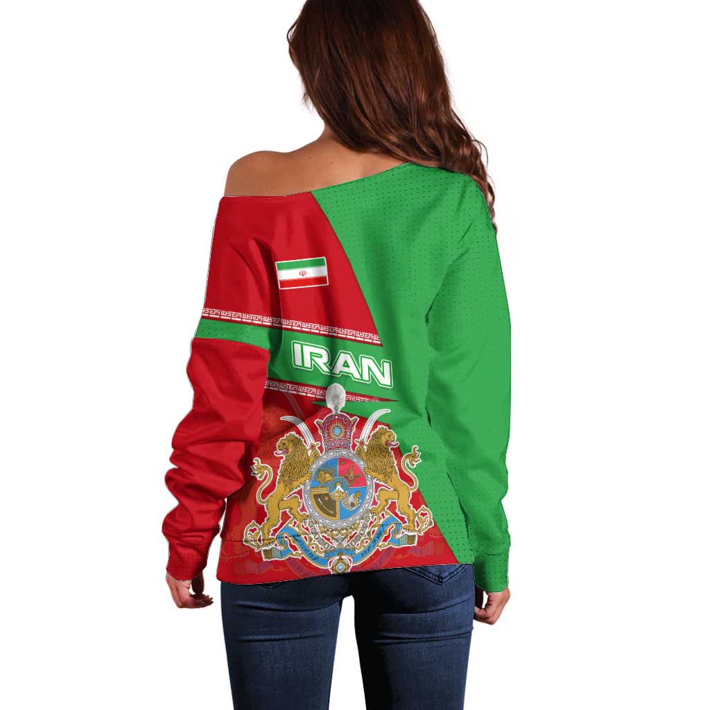 Iran National Heritage Off Shoulder Sweater with Lion and Sun Emblem and Royal Coat of Arms