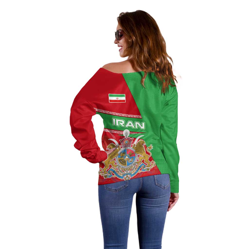 Iran National Heritage Off Shoulder Sweater with Lion and Sun Emblem and Royal Coat of Arms