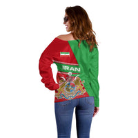 Iran National Heritage Off Shoulder Sweater with Lion and Sun Emblem and Royal Coat of Arms