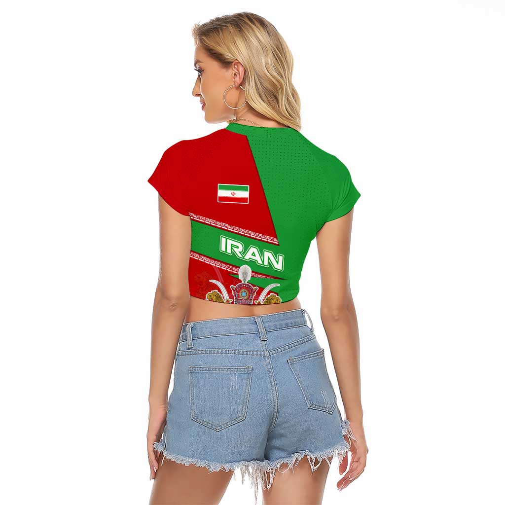 Iran National Heritage Raglan Cropped T Shirt with Lion and Sun Emblem and Royal Coat of Arms
