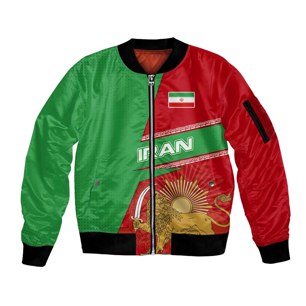 Iran National Heritage Sleeve Zip Bomber Jacket with Lion and Sun Emblem and Royal Coat of Arms