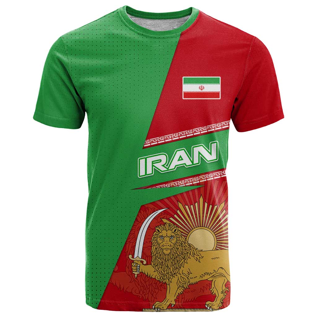 Iran National Heritage T Shirt with Lion and Sun Emblem and Royal Coat of Arms
