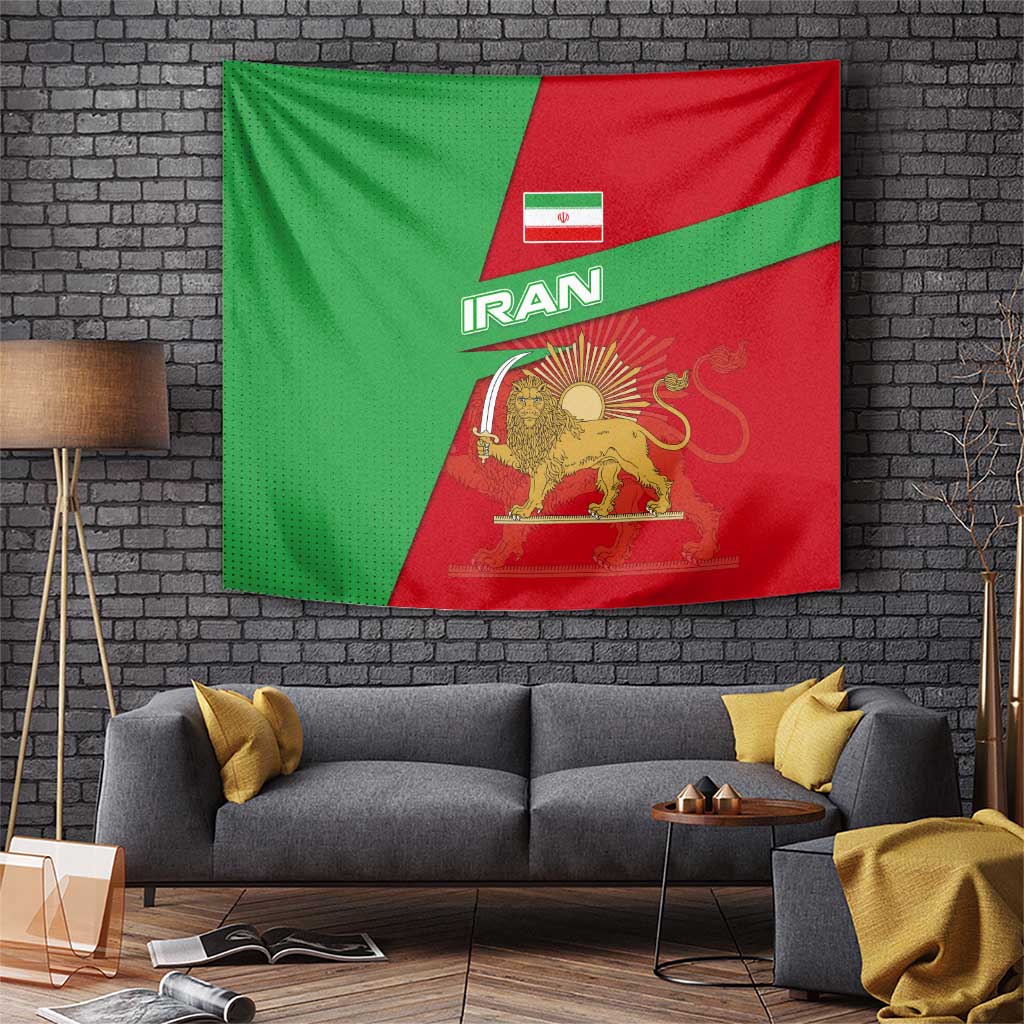 Iran National Heritage Tapestry with Lion and Sun Emblem and Royal Coat of Arms