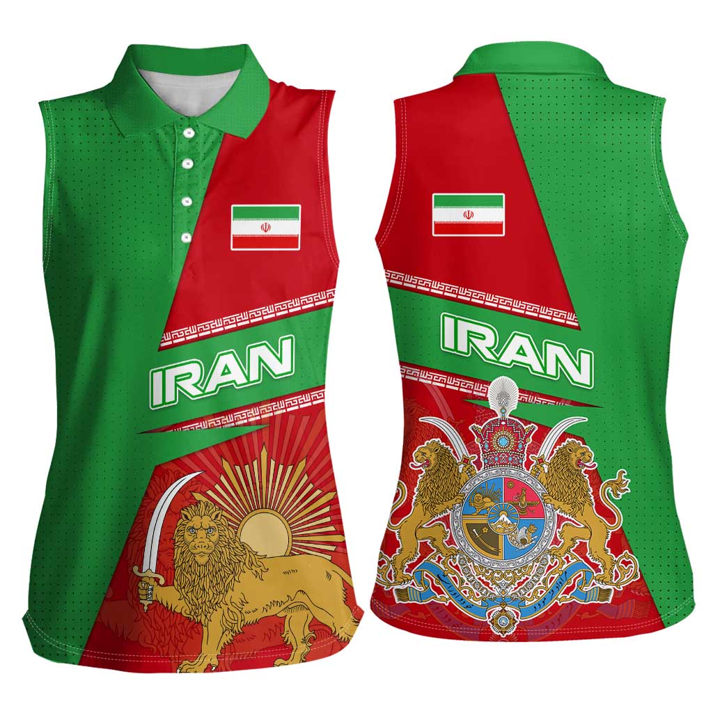 Iran National Heritage Women Sleeveless Polo Shirt with Lion and Sun Emblem and Royal Coat of Arms