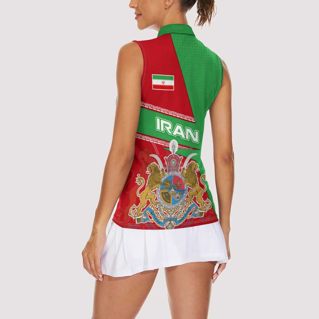 Iran National Heritage Women Sleeveless Polo Shirt with Lion and Sun Emblem and Royal Coat of Arms