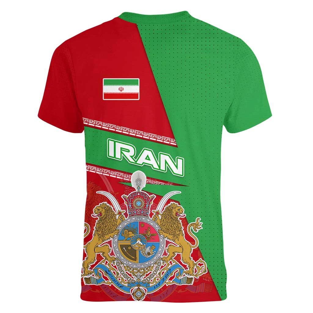 Iran National Heritage Women V-Neck T-Shirt with Lion and Sun Emblem and Royal Coat of Arms