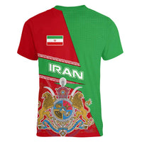 Iran National Heritage Women V-Neck T-Shirt with Lion and Sun Emblem and Royal Coat of Arms