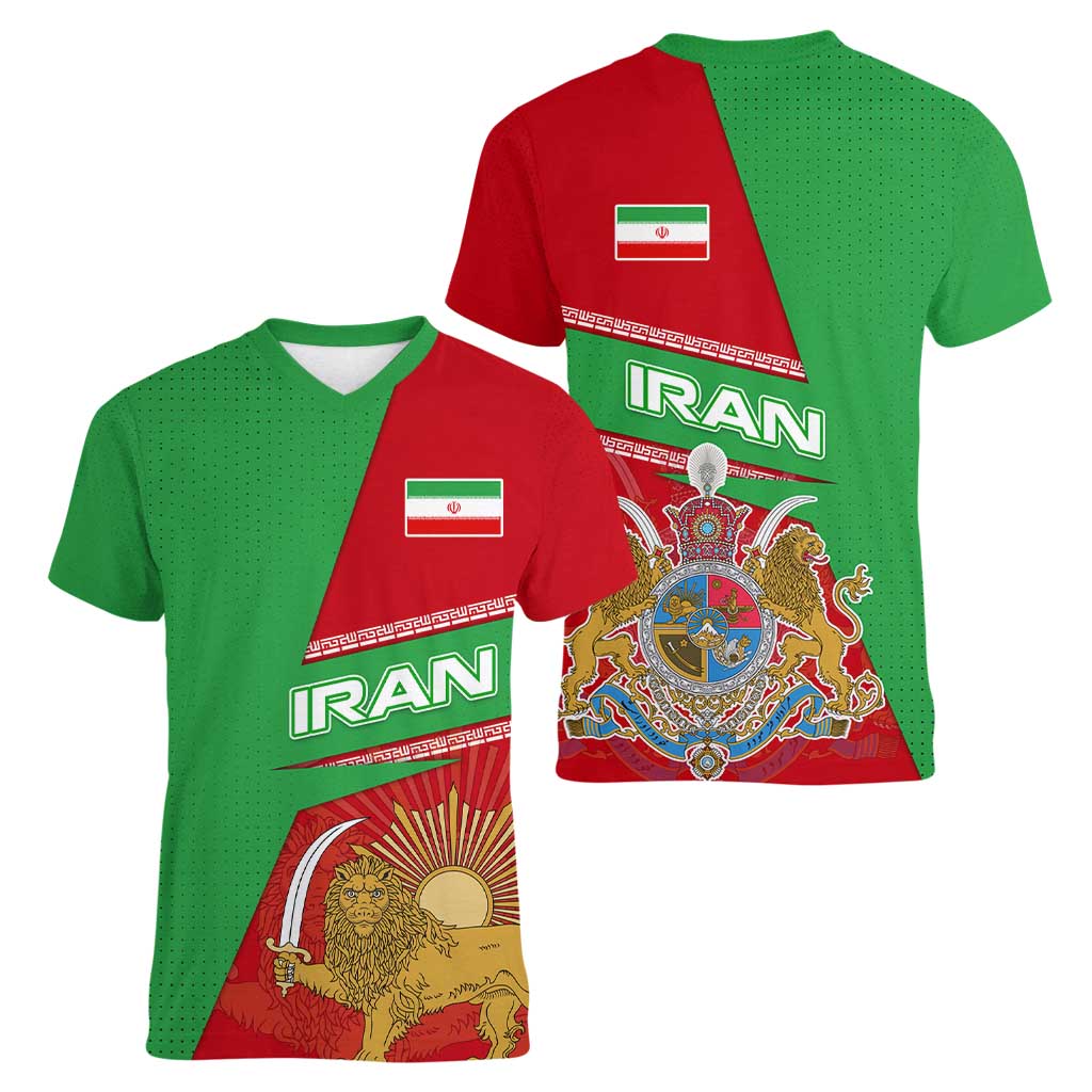 Iran National Heritage Women V-Neck T-Shirt with Lion and Sun Emblem and Royal Coat of Arms