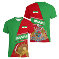 Iran National Heritage Women V-Neck T-Shirt with Lion and Sun Emblem and Royal Coat of Arms