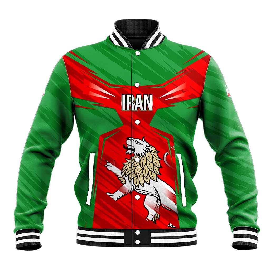 Iran National Pride Baseball Jacket with Bold Lion Crest and Country Silhouette