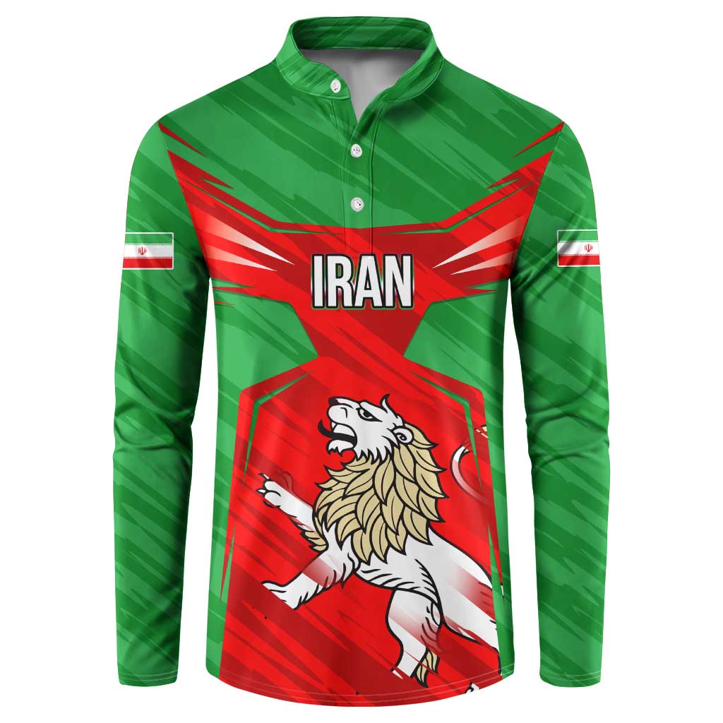 Iran National Pride Button Sweatshirt with Bold Lion Crest and Country Silhouette