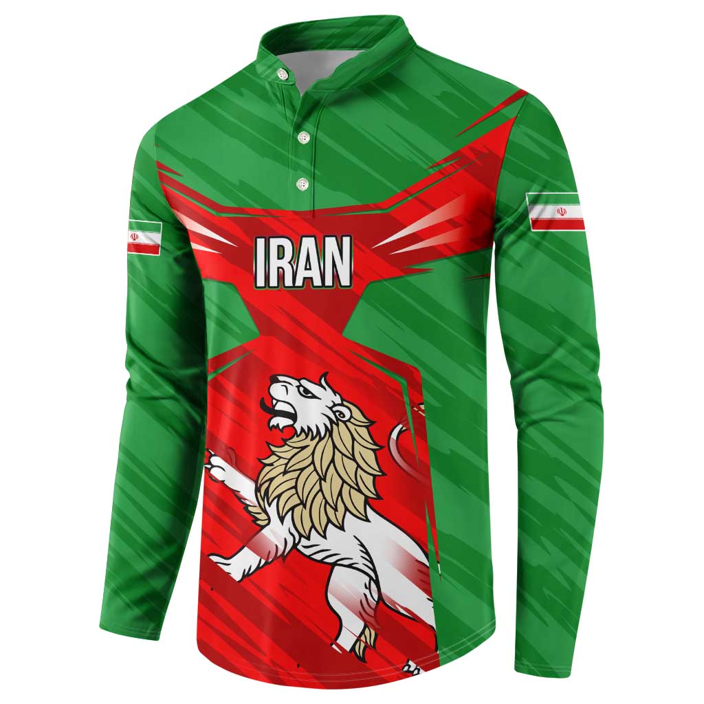 Iran National Pride Button Sweatshirt with Bold Lion Crest and Country Silhouette