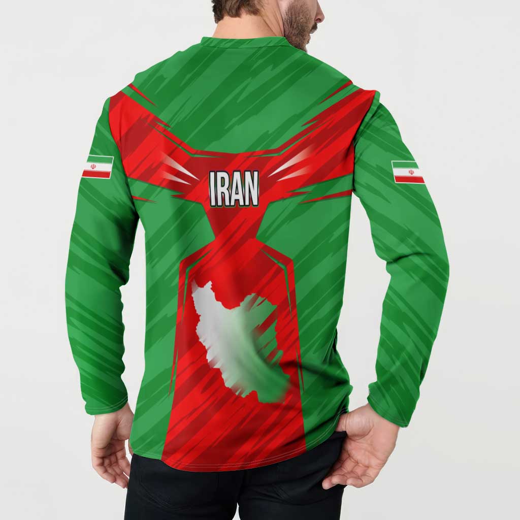 Iran National Pride Button Sweatshirt with Bold Lion Crest and Country Silhouette