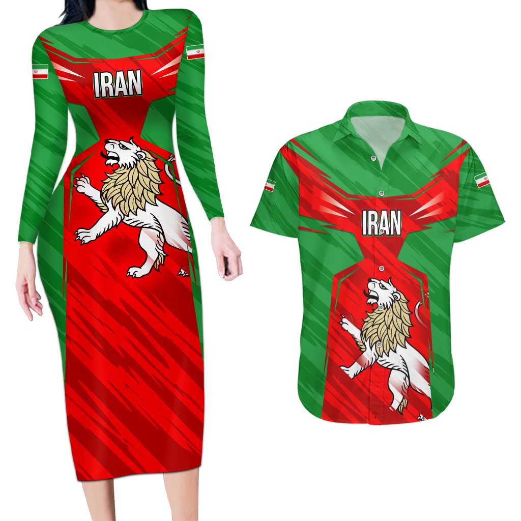Iran National Pride Couples Matching Long Sleeve Bodycon Dress and Hawaiian Shirt with Bold Lion Crest and Country Silhouette