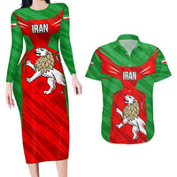 Iran National Pride Couples Matching Long Sleeve Bodycon Dress and Hawaiian Shirt with Bold Lion Crest and Country Silhouette