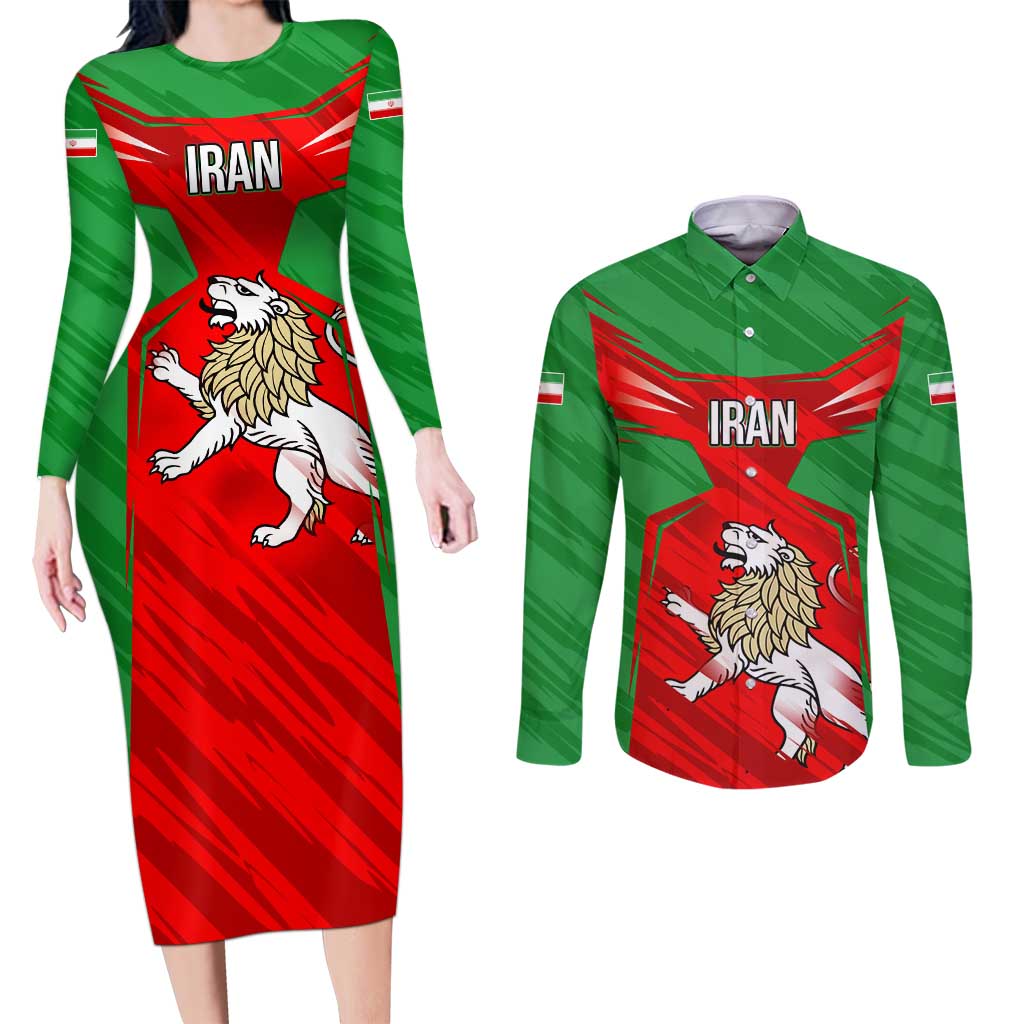 Iran National Pride Couples Matching Long Sleeve Bodycon Dress and Long Sleeve Button Shirt with Bold Lion Crest and Country Silhouette