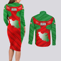 Iran National Pride Couples Matching Long Sleeve Bodycon Dress and Long Sleeve Button Shirt with Bold Lion Crest and Country Silhouette