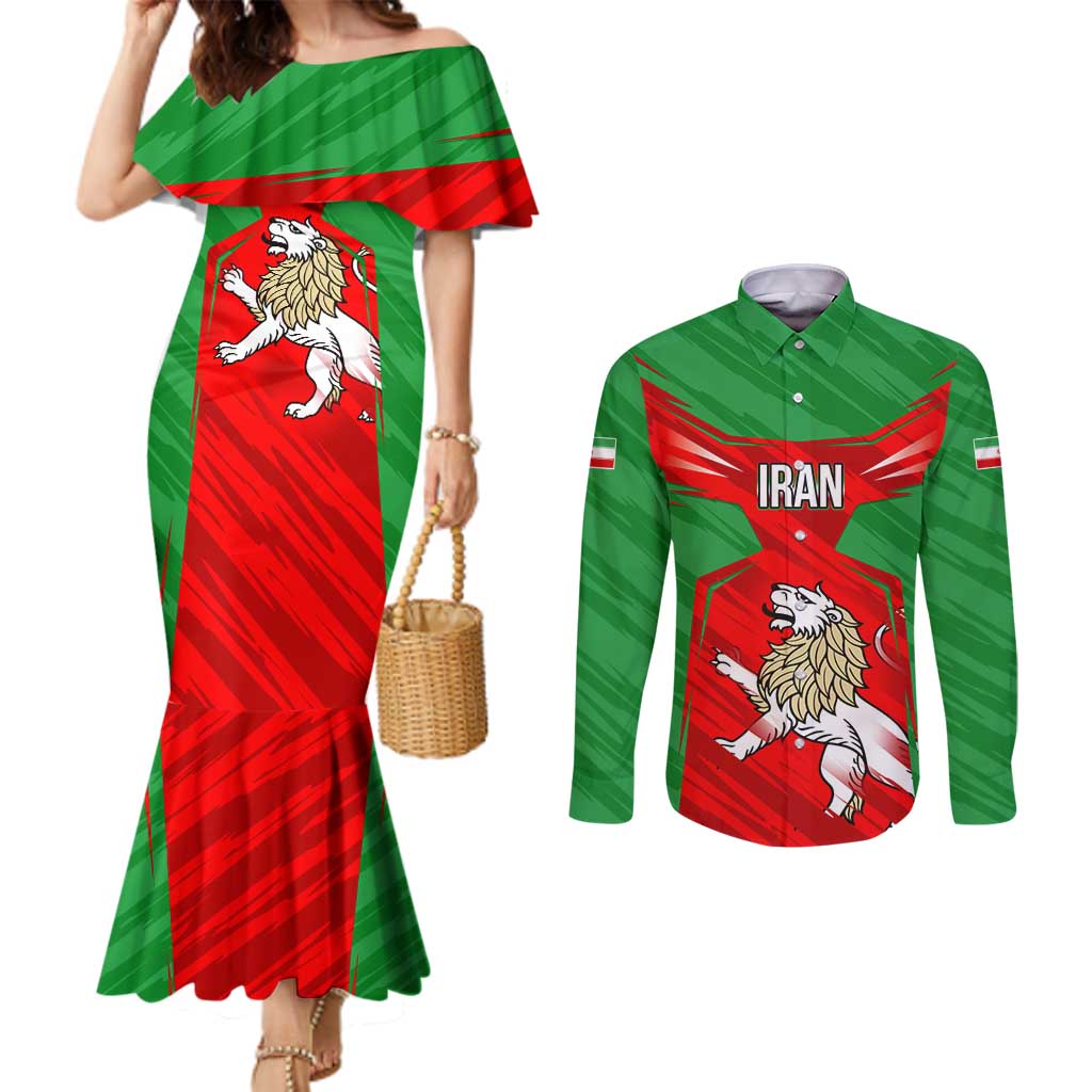 Iran National Pride Couples Matching Mermaid Dress and Long Sleeve Button Shirt with Bold Lion Crest and Country Silhouette