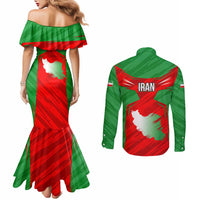 Iran National Pride Couples Matching Mermaid Dress and Long Sleeve Button Shirt with Bold Lion Crest and Country Silhouette