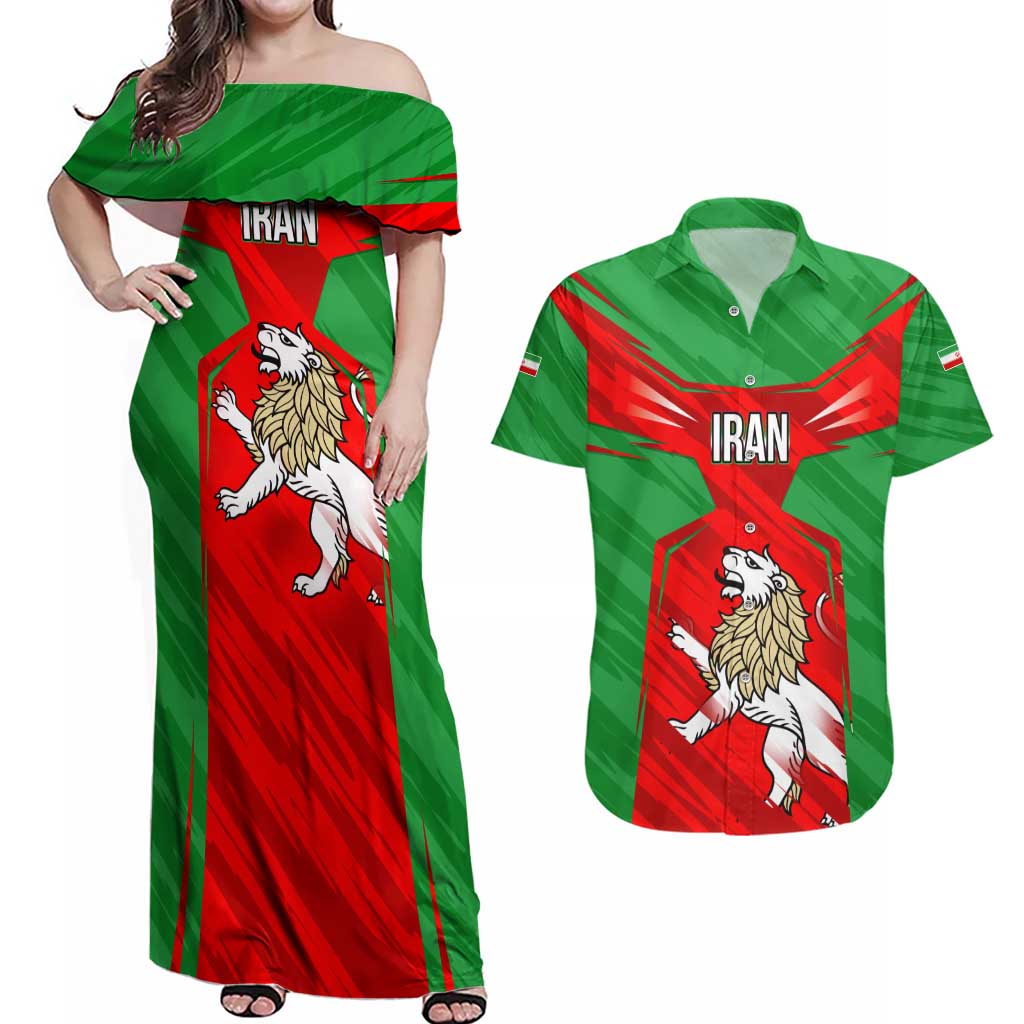 Iran National Pride Couples Matching Off Shoulder Maxi Dress and Hawaiian Shirt with Bold Lion Crest and Country Silhouette