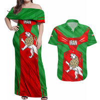 Iran National Pride Couples Matching Off Shoulder Maxi Dress and Hawaiian Shirt with Bold Lion Crest and Country Silhouette